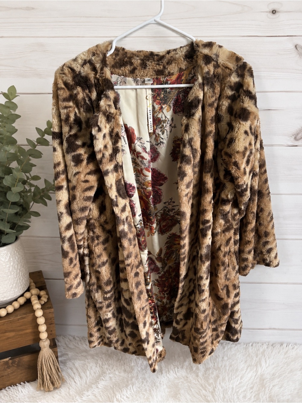 Uncle Frank Leopard Print Faux Fur Open Front Jacket Cardigan Medium Made in USA